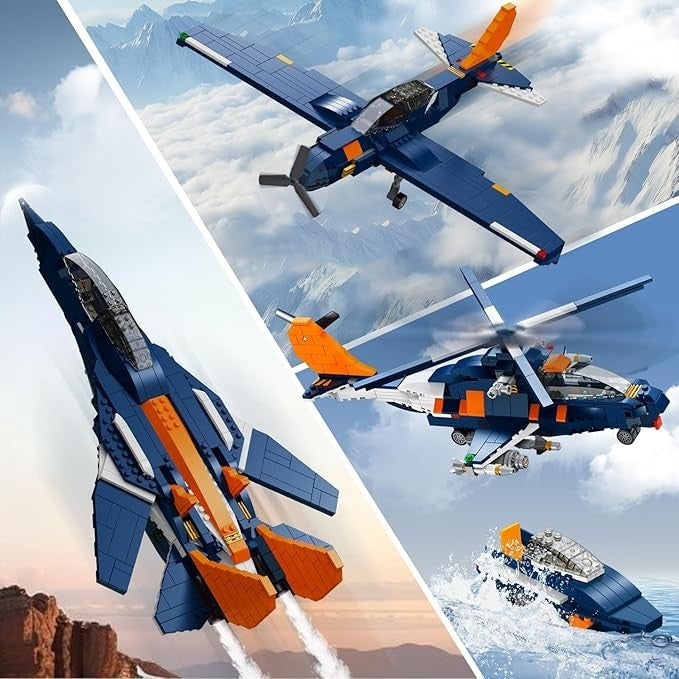 HOGOKIDS 3-in-1 Kampfjet Flugzeug Bauspielzeug, Militär-Propellerflugzeuge/Kampfhubschrauber
